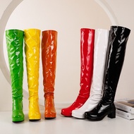 Women's Toe Patent Leather Boots Leather Boots Back Zipper Over-the-Knee Pole Dance Boots Knight Boots 30-48 Mid-Heel Shoes