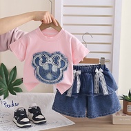 New Summer Children Casual Suit Kids Girl's O-neck T Shirt Short Jeans 2Pcs/set Baby Infant Fashion 