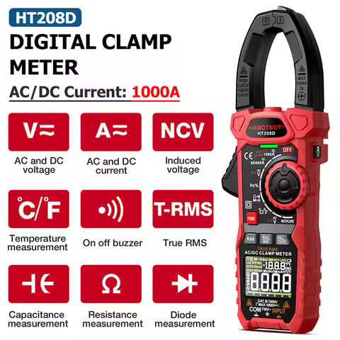 HT208D Digital Clamp Meter 1000A AC DC Current Two color Backlight True RMS Capacitance Temperature