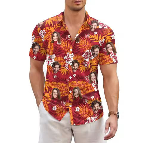 New Custom Face Hawaiian Shirt Personalized Photo Red Tropical Floral Aloha Shirt Funny Beach Shirt 