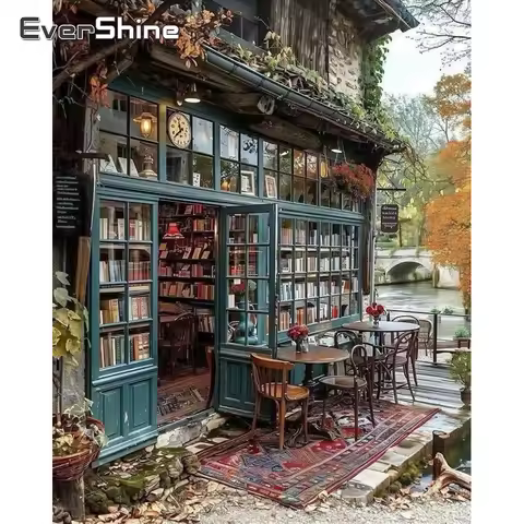 Evershine Diamond Painting Bookstore Landscape DIY Picture of Rhinestones Diamond Mosaic Shop Needle