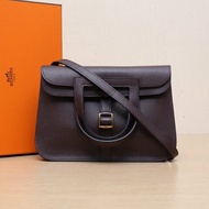 HERMES Halzan25雙提手單肩包0G馬鞍紅EC皮Y刻金扣肩背包