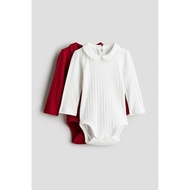 Set of 2 HM long-sleeved ruffled neck bodysuits for babies to wear during Christmas, CNY H&M auth