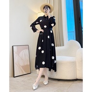 S4018 Autumn Miyake Pleated Long Dress Mom Inner Layer Base Polka Dot Dress One Size (45-75kg)