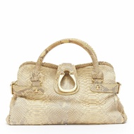 GIORGIO ARMANI beige coated scaled leather gold logo buckle side belt top handle bag