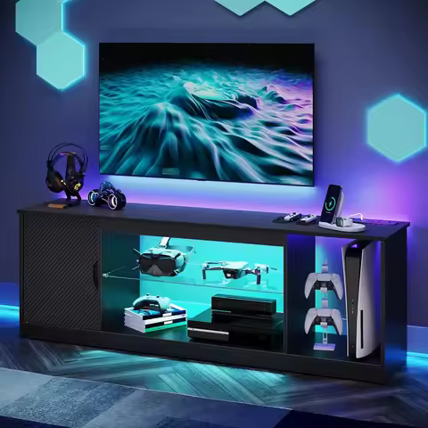 TV Stand with Power Outlets for Bedroom, Gaming TV Stand for 65inch TV, Black Entertainment Center f