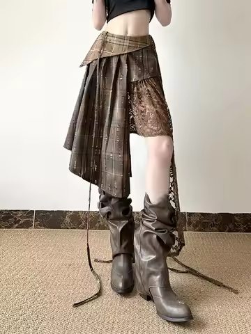 Retro Spliced Split Lace-Up f Skirt with Belt Vintage Stitches Irregular A-Line Skirt for Women Ciwa