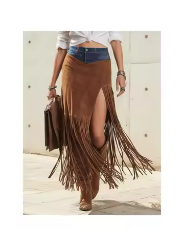 Tinaa Western Cowboy Tassel Skirts 2026 Stylish Vintage Denim and Suede Patchwork Cool Girl Long Ski