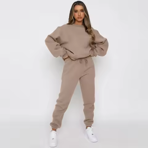 Europe and The United States Autumn and Winter Solid Color Round Neck Pullover Hoodie Long Pants Wom