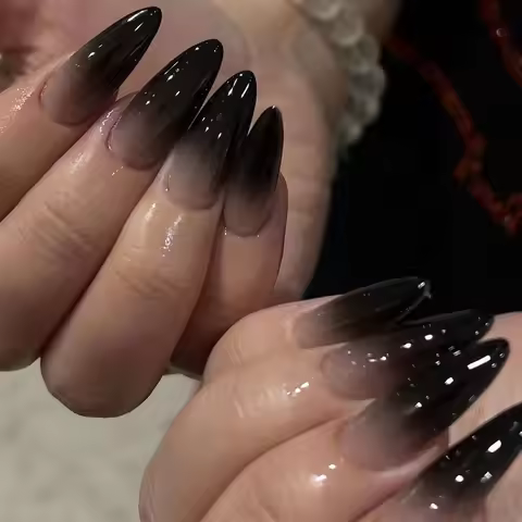 24pcs Almond Fake Press on Nails Halloween Black French Gradient Acrylic Fake Nails Retro Design Pre