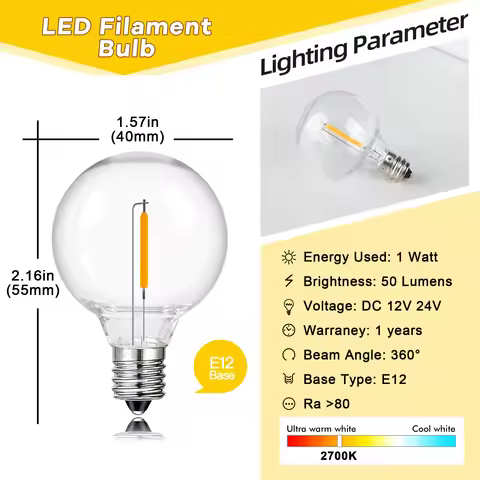 Low Voltage G40 DC12V 24V Led Light Bulbs 1W E12 Plastic Replace Bulb For Off-Grid Solar String Ligh