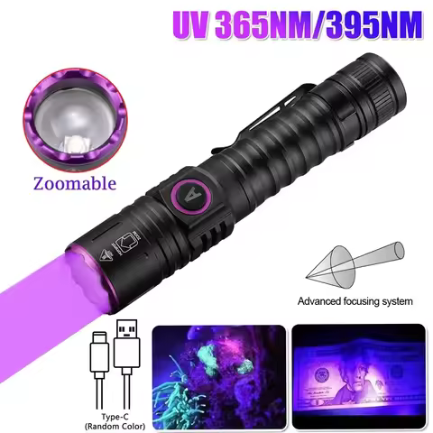 365/395nm UV Flashlight Zoom 5W Type C USB Rechargeable Black Light for Resin Curing, Pet Urine Dete