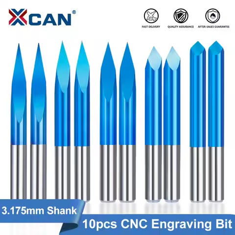 XCAN 10pcs CNC Engraving Bit 3 Edge Pyramid Milling Cutter 3.175mm Shank 20-90D Carbide End Mill Nan