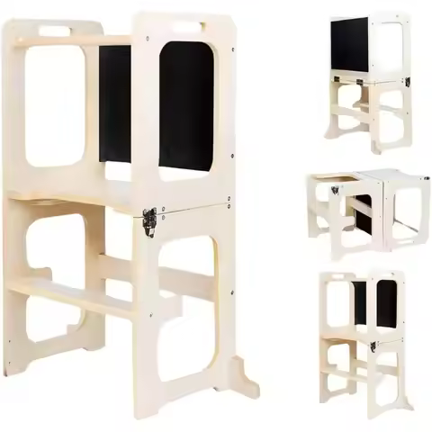4-in-1 Kitchen Tower, oldable Toddler Step Stool with Chalkboard, Desk, Table & Chair, Standing Towe