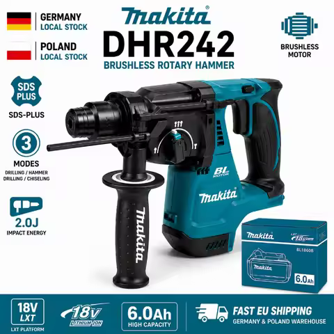 Original Makita DHR242 18V Brushless Rotary Hammer Drill Combo Kit, Genuine Makita BL1860B 6.0Ah Bat