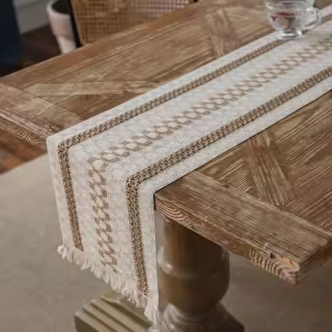 Splicing Burlap Table Runner Farmhouse Style, Boho Table Runner Modern Farmhouse Decor Rustic Woven 