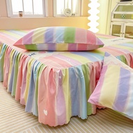 Ins Style  Bed Skirt with Ruffles Rainbow Pattern Brushed Bed Sheet Cover Bedspread with Lace Skirti