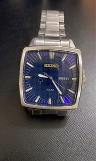 SEIKO SOLAR 光動能復古風方形黑桃♠️藍色菱形格錶面不銹鋼手錶腕錶