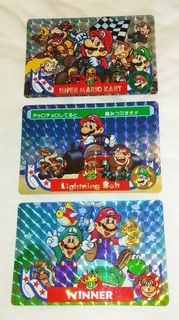 今期流行 原裝正版 新淨 | 任天堂 電視遊戲機 超級瑪利奧賽車 孖寶兄弟 懷舊閃咭閃卡 一套三張 | Nintendo SFC Wii Switch Party Game Super Mario Kart Card Collection | Bandai 1993 Japan