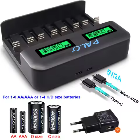 PALO 8 Slots LCD display USB Smart Battery Charger for AA AAA SC C D Size Rechargeable Battery 1.2V 