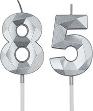 85th & 58th Birthday Candles for Cake, Silver Number 85 58 3D Diamond Shaped Candle Birthday Decorat