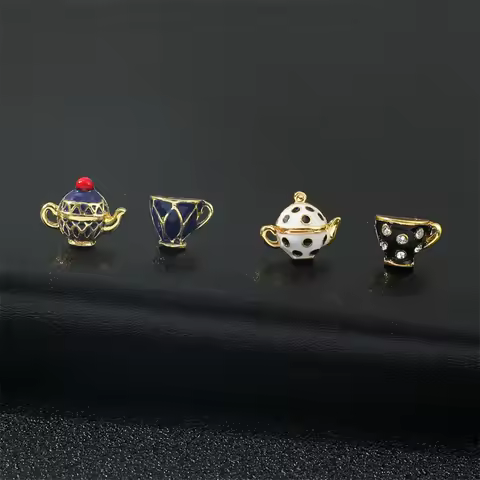 Tea Cup Earrings for Women, Teapot Earings, Gold Color, Asymmetric Enamel, Ear Stud, Gift for Girl, 