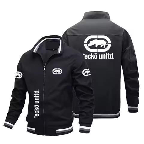 Retro Trend Hip Hop Men Bomber Jacket Ecko Unltd Rhino Logo Stand Collar Zipper Windbreaker Lightwei
