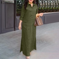 Fancystyle ZANZEA Womens Turn-Down-Collar 3/4 Sleeve Plain Maxi Shirt Dress Elegant Office Side Slit