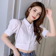 Crop Tops เสื้อผู้หญิงแฟชั่น Casual พัฟแขนเสื้อสไตล์เกาหลีฤดูร้อนใหม่สีขาว Top