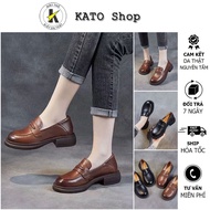 Women's Moca Shoes - 3 Cm Square Heel Soft Genuine Cow Leather - 2 Colors Dark Brown - KATO Shop K68