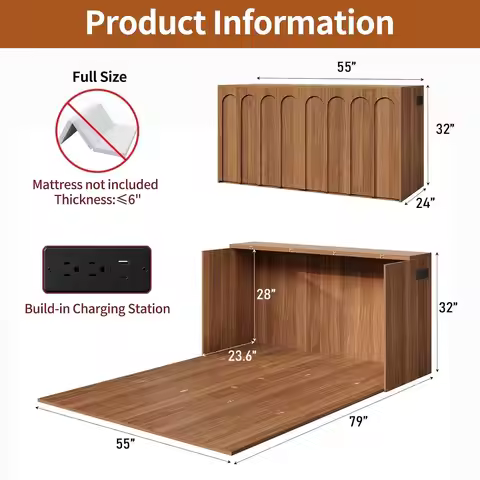 Full Size Murphy Bed Cabinet Charging Station Fold-Out Hideaway Wall Bed, Customized