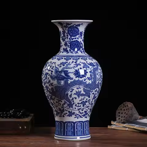 33cm/Jingdezhen Ceramic Vase Chinese Blue and White Porcelain Antique Living Room Home Flower Arrang