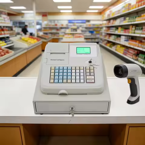 48-Key Electronic Cash Register – 4-Bill/5-Coin Tray, UV Fake Detector, RS232/USB, POS System for Su