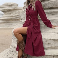 Vintage Elegant Commuter Corduroy Lapel Long Puff Sleeve Dress With Metal Button Belt Design Waisted