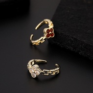 Fashion Cute Micro-Set Real Gold Colorful Red Zircon Four-Leaf Clover Ring Clover Open Ring Pair Rin