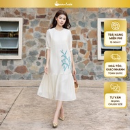 SWANLAKE | Women's Two-Layer Straight Dress Round Neck Loose Sleeve Korean Silk Floral Embroidery St