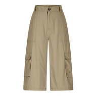 Women Cropped Pants Mid-Waist Design Straight Wide Leg Casual Trousers with Pockets Yoga Running Cyc