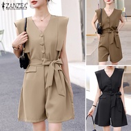 Esolo ZANZEA Korean Style Women Sleeveless Jumpsuit Shorts Pants V Neck Casual Playsuit Plus Size Overalls KRS #10