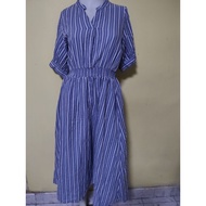 T777(D62)D9 Blue And White Striped Waist Dress With Chinese Collar