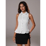 Polka Dot Ruffle Blouse | Sleeveless Polka Dot Pleated Collar (AE 51)