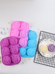 1入組玫瑰形狀隨機顏色模具，6 格布丁模具，用於烘焙玫瑰矽膠模具手工大玫瑰花肥皂模具 - DIY 條形模具，適用於 3D 肥皂、慕斯、鬆餅、蛋糕、巧克力、果凍