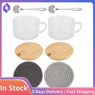 Vintage Coffee Glass Mugs Set of 2, Glass Coffee Tea Cups with Bamboo Lids, Coaster and Spoons,15Oz 