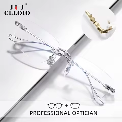 CLLOIO Deluxe Square Rimless Reading Glasses Pure Titanium Temple MR-8 Anti Blue Ray Lens Myopia Cus