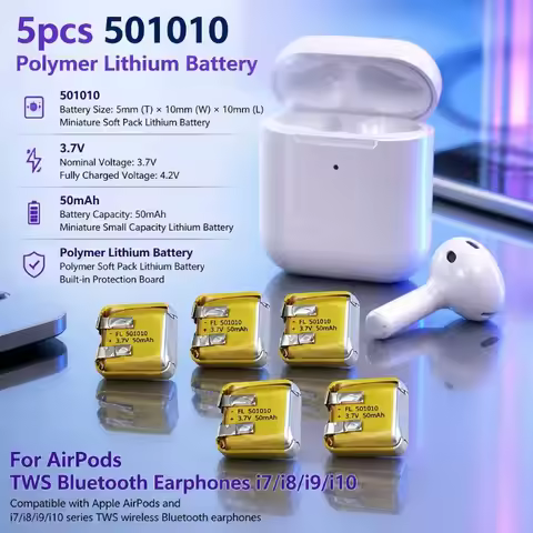 5Pcs 501010 3.7V 50mAh Polymer Lithium Rechargeable Battery For AirPods TWS Bluetooth Earphones i7 i