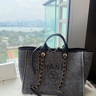 香奈兒Chanel毛呢深藍色配色沙灘包 大號