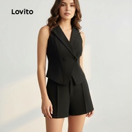Lovito Chic Buttoned Shorts Set for Women - Spring/Summer Black Top and Shorts Combo L137ED209