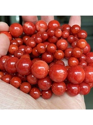 1鋼絞線紅色的珊瑚玉石石頭鬆動圓珠適用於珠寶製作6-10mm隔片珠子DIY女性手鍊配件15"