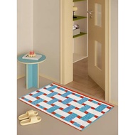 FANSSMILE Blue Checkered Bath Mat - Absorbent Non-Slip Polyester Rug with TPR Backing for Bathroom D
