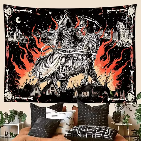 Gothic Medieval Knight vs Skeleton Tapestry Fantasy Battle Scene Wall Hanging for Home Bedroom Livin