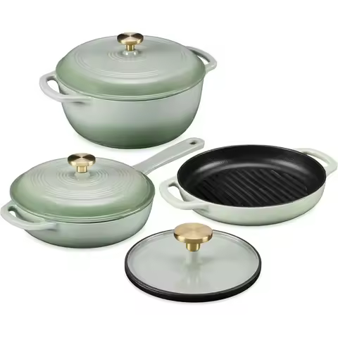 Cookware Set: 2Qt Non-Stick Skillet with Lid, 10 Cast Iron Grill Pan, 6Qt Enameled Dutch Oven - Sage